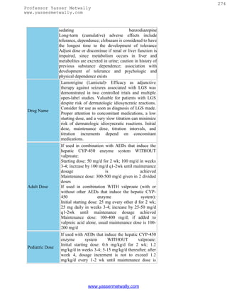 274
Professor Yasser Metwally
www.yassermetwally.com


                  sedating                                 benzodiazepine
                  Long-term (cumulative) adverse effects include
                  tolerance, dependence; clobazam is considered to have
                  the longest time to the development of tolerance
                  Adjust dose or discontinue if renal or liver function is
                  impaired, since metabolism occurs in liver and
                  metabolites are excreted in urine; caution in history of
                  previous substance dependence; association with
                  development of tolerance and psychologic and
                  physical dependence exists
                   Lamotrigine (Lamictal)- Efficacy as adjunctive
                   therapy against seizures associated with LGS was
                   demonstrated in two controlled trials and multiple
                   open-label studies. Valuable for patients with LGS
                   despite risk of dermatologic idiosyncratic reactions.
                   Consider for use as soon as diagnosis of LGS made.
 Drug Name
                   Proper attention to concomitant medications, a low
                   starting dose, and a very slow titration can minimize
                   risk of dermatologic idiosyncratic reactions. Initial
                   dose, maintenance dose, titration intervals, and
                   titration increments depend on concomitant
                   medications.
                   If used in combination with AEDs that induce the
                   hepatic CYP-450 enzyme system WITHOUT
                   valproate:
                   Starting dose: 50 mg/d for 2 wk; 100 mg/d in weeks
                   3-4; increase by 100 mg/d q1-2wk until maintenance
                   dosage                    is                achieved
                   Maintenance dose: 300-500 mg/d given in 2 divided
                   doses
 Adult Dose        If used in combination WITH valproate (with or
                   without other AEDs that induce the hepatic CYP-
                   450                   enzyme                system):
                   Initial starting dose: 25 mg every other d for 2 wk;
                   25 mg daily in weeks 3-4; increase by 25-50 mg/d
                   q1-2wk until maintenance dosage achieved
                   Maintenance dose: 100-400 mg/d; if added to
                   valproic acid alone, usual maintenance dose is 100-
                   200 mg/d
                   If used with AEDs that induce the hepatic CYP-450
                   enzyme         system     WITHOUT        valproate:
                   Initial starting dose: 0.6 mg/kg/d for 2 wk; 1.2
 Pediatric Dose
                   mg/kg/d in weeks 3-4; 5-15 mg/kg/d thereafter; after
                   week 4, dosage increment is not to exceed 1.2
                   mg/kg/d every 1-2 wk until maintenance dose is




                                  www.yassermetwally.com
 