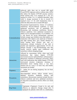 275
Professor Yasser Metwally
www.yassermetwally.com



                   achieved; daily dose not to exceed 400 mg/d
                   If used WITH valproate (with or without other AEDs
                   that induce the hepatic CYP-450 enzyme system):
                   Initial starting dose: 0.15 mg/kg/d for 2 wk; 0.3
                   mg/kg/d in weeks 3-4; 1-5 mg/kg/d thereafter; after
                   week 4, dosage increment is not to exceed 0.3
                   mg/kg/d every 1-2 wk until maintenance dose is
                   achieved; daily dose not to exceed 200 mg/d
                   Documented hypersensitivity; history of erythema
                   multiforme, Stevens-Johnson syndrome, or toxic
                   epidermal necrolysis; risk of potentially life
                   threatening rash (erythema multiforme, Stevens-
                   Johnson syndrome, toxic epidermal necrolysis) in
                   adults is 0.3% and approximately 1% in children <16
                   y; risk factors for severe dermatologic reactions
                   include younger age (children more than adults), co-
 Contraindications
                   medication with valproic acid, rapid rate of titration,
                   and high starting dose; give careful attention to
                   initial starting dose, titration rate, and co-
                   medications; prompt evaluation of any rash is
                   prudent and imperative; approximately 10-12% of
                   patients develop a non–life-threatening rash that
                   usually resolves rapidly upon withdrawal and
                   sometimes without changing dosage
                   Affected by concomitant AEDs; when used with
                   medications that induce hepatic CYP-450
                   microsomal enzymes (phenobarbital, carbamazepine,
                   phenytoin), clearance is enhanced; conversely, when
 Interactions      used with medications that inhibit hepatic CYP-450
                   microsomal enzymes (valproate), clearance is
                   diminished; lower starting doses, a very slow
                   titration rate (ie, every 2 or more wk), and smaller
                   increments are needed
                   C - Safety for use during pregnancy has not been
 Pregnancy
                   established.
                   Dose-dependent adverse effects include ataxia,
                   diplopia, dizziness, headache, nausea, and
                   somnolence; idiosyncratic reactions include Stevens-
 Precautions
                   Johnson syndrome and toxic epidermal necrolysis;
                   no long-term (cumulative) adverse effects are noted
                   to date

                       Topiramate (Topamax)- Found to be safe and
 Drug Name             effective as adjunctive therapy (target dose 6
                       mg/kg/d) for patients with LGS in a multicenter,




                                   www.yassermetwally.com
 
