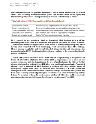 44
Professor Yasser Metwally
www.yassermetwally.com


 may predominate over the posterior hemisphere, and in adults, usually over the frontal
 areas. These are simply maturation-related spatial EEG features, which do not signify that
 the encephalopathy is more severe posteriorly in children and anteriorly in adults.

 Table 1. Grading of EEG Abnormalities in Diffuse Encephalopathy




 It is unusual to see prominent focal or lateralized EEG findings with a diffuse
 encephalopathy unless there is an associated focal process, such as an old infarct or tumor.
 An exception is nonketotic hyperosmolar coma, a form of metabolic encephalopathy, which
 is very often associated with focal clinical (e.g., focal seizures) and focal EEG findings.
 Herpes simplex encephalitis and Creutzfeldt-Jakob disease (in the early stages) may also
 produce lateralized EEG slowing related to unilateral emphasis of the associated pathologic
 process (see below).

 Another EEG pattern associated with a mild form of encephalopathy is the presence of
 bursts of intermittent rhythmic delta activity (IRDA) superimposed on a more or less
 normal background activity. Depending on the area of predominance, the IRDA is further
 divided into frontal or occipital types. IRDA has been traditionally considered a "projected
 rhythm" and a hallmark of EEG findings in patients with deep midline lesions of
 diencephalic, upper brain stem, or posterior fossa locations.[13] Critical evaluations
 subsequently have cast serious doubts on this classic concept because this EEG pattern has
 been found in a large variety of pathological conditions and is often absent in deep midline
 lesions. As a matter of fact, the most common etiology of IRDA is a mild to moderate
 encephalopathy associated with some disturbance in consciousness (Fig. 4).[14]




                                 www.yassermetwally.com
 