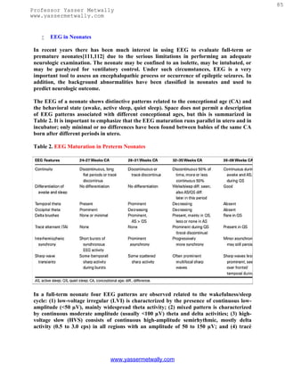 85
Professor Yasser Metwally
www.yassermetwally.com


       EEG in Neonates

 In recent years there has been much interest in using EEG to evaluate full-term or
 premature neonates[111,112] due to the serious limitations in performing an adequate
 neurologic examination. The neonate may be confined to an isolette, may be intubated, or
 may be paralyzed for ventilatory control. Under such circumstances, EEG is a very
 important tool to assess an encephalopathic process or occurrence of epileptic seizures. In
 addition, the background abnormalities have been classified in neonates and used to
 predict neurologic outcome.

 The EEG of a neonate shows distinctive patterns related to the conceptional age (CA) and
 the behavioral state (awake, active sleep, quiet sleep). Space does not permit a description
 of EEG patterns associated with different conceptional ages, but this is summarized in
 Table 2. It is important to emphasize that the EEG maturation runs parallel in utero and in
 incubator; only minimal or no differences have been found between babies of the same CA
 born after different periods in utero.

 Table 2. EEG Maturation in Preterm Neonates




 In a full-term neonate four EEG patterns are observed related to the wakefulness/sleep
 cycle: (1) low-voltage irregular (LVI) is characterized by the presence of continuous low-
 amplitude (<50 µV), mainly widespread theta activity; (2) mixed pattern is characterized
 by continuous moderate amplitude (usually <100 µV) theta and delta activities; (3) high-
 voltage slow (HVS) consists of continuous high-amplitude semirhythmic, mostly delta
 activity (0.5 to 3.0 cps) in all regions with an amplitude of 50 to 150 µV; and (4) tracé




                                 www.yassermetwally.com
 