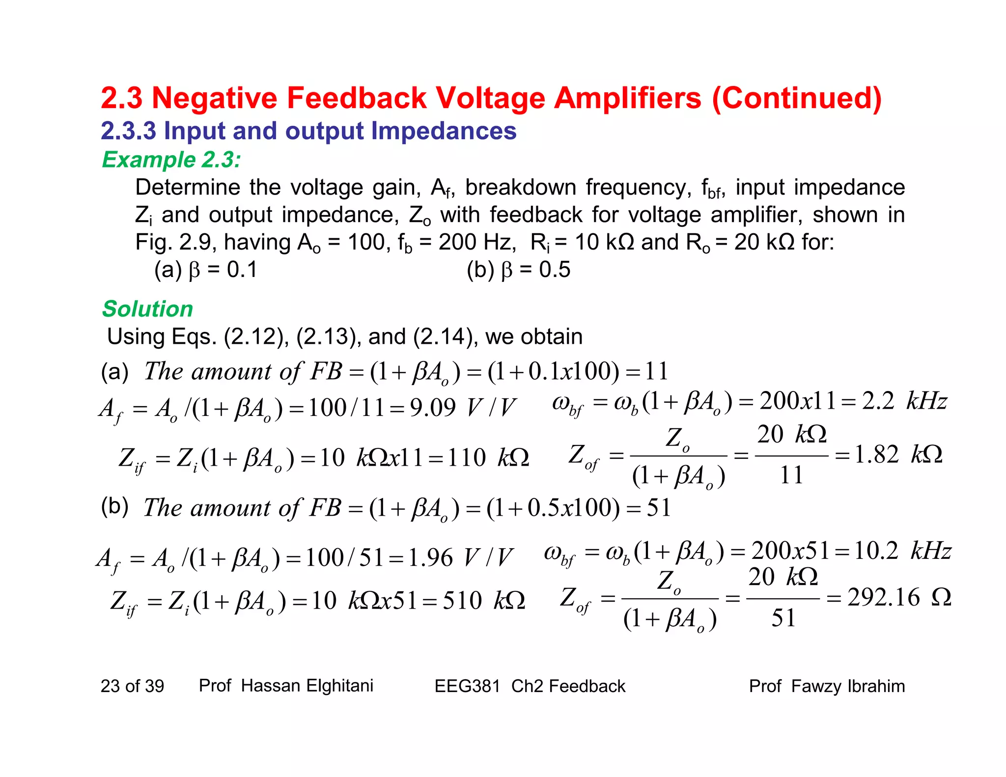 2.3.3 Input and output Impedances
Example 2.3:
Determine the voltage gain, Af, breakdown frequency, fbf, input impedance
Zi and output impedance, Zo with feedback for voltage amplifier, shown in
Fig. 2.9, having Ao = 100, fb = 200 Hz, Ri = 10 kΩ and Ro = 20 kΩ for:
(a)  = 0.1 (b)  = 0.5
Solution
Using Eqs. (2.12), (2.13), and (2.14), we obtain
(a)
(b)
Prof Fawzy IbrahimEEG381 Ch2 Feedback23 of 39
2.3 Negative Feedback Voltage Amplifiers (Continued)
Prof Hassan Elghitani
VVAAA oof /09.911/100)1/(   kHzxAobbf 2.211200)1(  
 kxkAZZ oiif 1101110)1(  



 k
k
A
Z
Z
o
o
of 82.1
11
20
)1( 
11)1001.01()1(  xAFBofamountThe o
51)1005.01()1(  xAFBofamountThe o
VVAAA oof /96.151/100)1/(   kHzxAobbf 2.1051200)1(  
 kxkAZZ oiif 5105110)1(  



 16.292
51
20
)1(
k
A
Z
Z
o
o
of

 