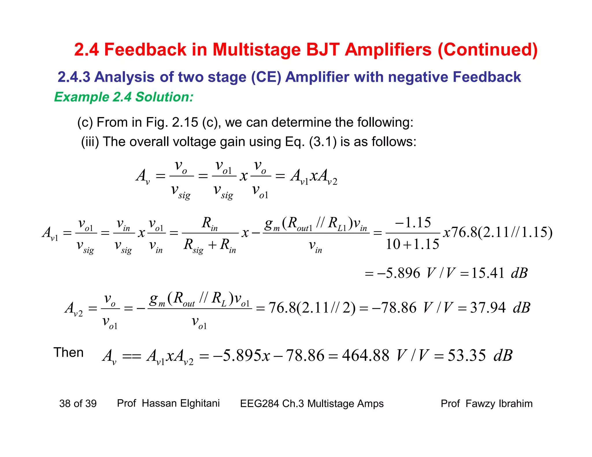 (c) From in Fig. 2.15 (c), we can determine the following:
(iii) The overall voltage gain using Eq. (3.1) is as follows:
Then
dBVV
x
v
vRRg
x
RR
R
v
v
x
v
v
v
v
A
in
inLoutm
insig
in
in
o
sig
in
sig
o
v
41.15/896.5
)15.1//11.2(8.76
15.110
15.1)//( 1111
1






Prof Fawzy IbrahimEEG284 Ch.3 Multistage Amps38 of 39
2.4 Feedback in Multistage BJT Amplifiers (Continued)
21
1
1
vv
o
o
sig
o
sig
o
v xAA
v
v
x
v
v
v
v
A 
dBVV
v
vRRg
v
v
A
o
oLoutm
o
o
v 94.37/86.78)2//11.2(8.76
)//(
1
1
1
2 
dBVVxxAAA vvv 35.53/88.46486.78895.521 
2.4.3 Analysis of two stage (CE) Amplifier with negative Feedback
Example 2.4 Solution:
Prof Hassan Elghitani
 