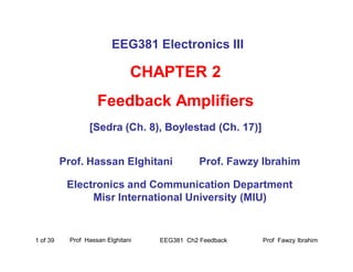 Prof Fawzy IbrahimEEG381 Ch2 Feedback1 of 39
EEG381 Electronics III
CHAPTER 2
Feedback Amplifiers
[[SedraSedra ((Ch.Ch. 88),), BoylestadBoylestad ((Ch.Ch. 1717)])]
Prof. Hassan Elghitani Prof. Fawzy Ibrahim
Electronics and Communication Department
Misr International University (MIU)
Prof Hassan Elghitani
 
