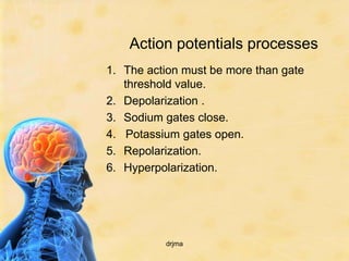 Action potentials processes
1. The action must be more than gate
   threshold value.
2. Depolarization .
3. Sodium gates close.
4. Potassium gates open.
5. Repolarization.
6. Hyperpolarization.




          drjma
 