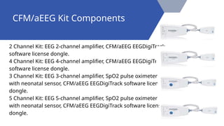 2 Channel Kit: EEG 2-channel amplifier, CFM/aEEG EEGDigiTrack
software license dongle.
4 Channel Kit: EEG 4-channel amplifier, CFM/aEEG EEGDigiTrack
software license dongle.
3 Channel Kit: EEG 3-channel amplifier, SpO2 pulse oximeter
with neonatal sensor, CFM/aEEG EEGDigiTrack software license
dongle.
5 Channel Kit: EEG 5-channel amplifier, SpO2 pulse oximeter
with neonatal sensor, CFM/aEEG EEGDigiTrack software license
dongle.
CFM/aEEG Kit Components
 