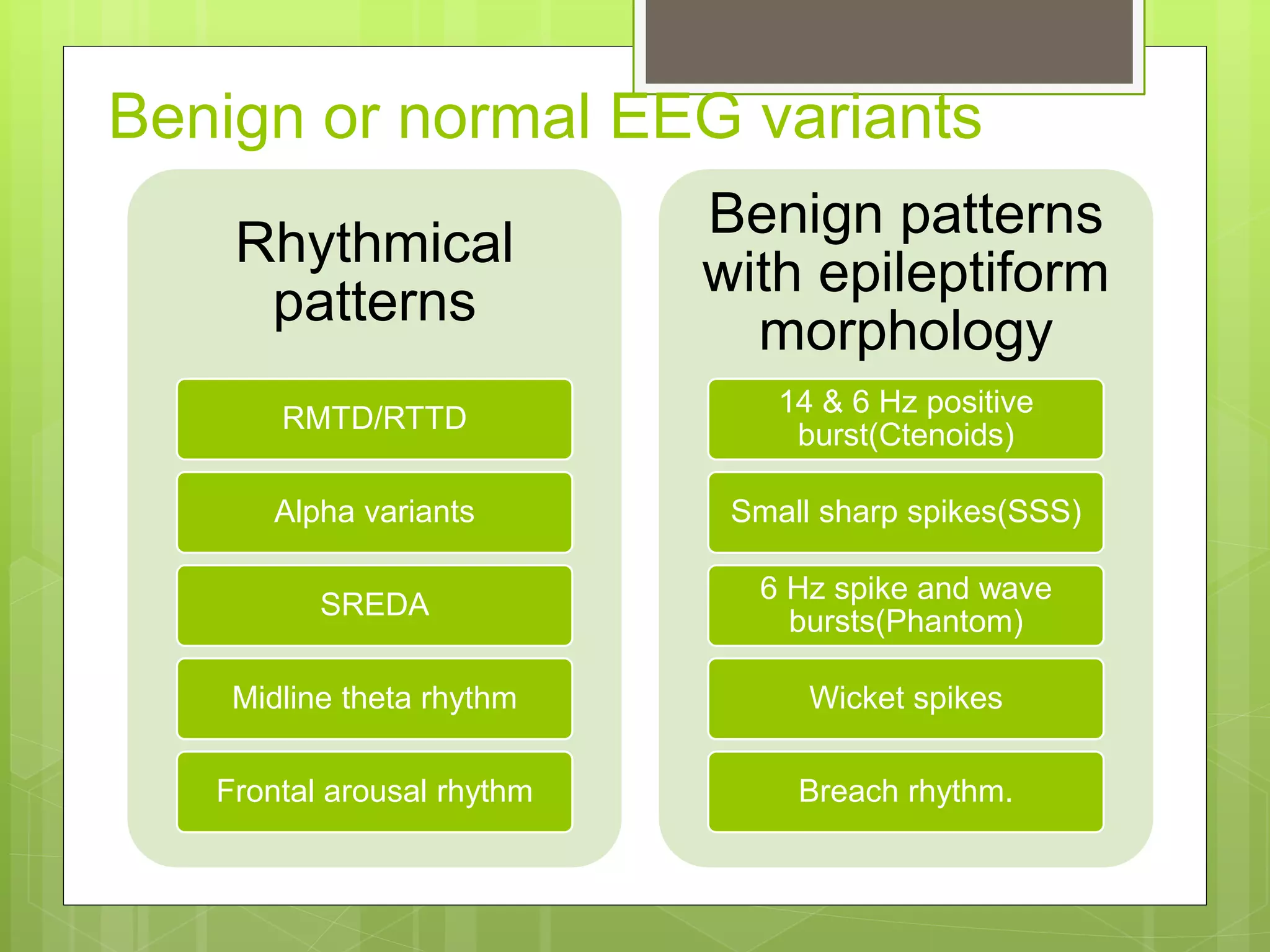 Benign or normal EEG variants
Rhythmical
patterns
RMTD/RTTD
Alpha variants
SREDA
Midline theta rhythm
Frontal arousal rhythm
Benign patterns
with epileptiform
morphology
14 & 6 Hz positive
burst(Ctenoids)
Small sharp spikes(SSS)
6 Hz spike and wave
bursts(Phantom)
Wicket spikes
Breach rhythm.
 