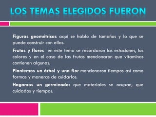Figuras geométricas aquí se hablo de tamaños y lo que se
puede construir con ellas.
Frutas y flores en este tema se recordaron las estaciones, los
colores y en el caso de las frutas mencionaron que vitaminas
contienen algunas.
Plantemos un árbol y una flor mencionaron tiempos así como
formas y maneras de cuidarlos.
Hagamos un germinado: que materiales se ocupan, que
cuidados y tiempos.
 