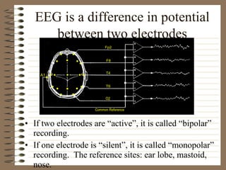 EEG is a difference in potential
between two electrodes
• If two electrodes are “active”, it is called “bipolar”
recording.
• If one electrode is “silent”, it is called “monopolar”
recording. The reference sites: ear lobe, mastoid,
nose.
 