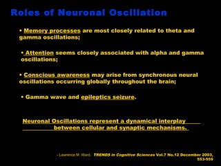 Roles of Neuronal Oscillation
• Memory processes are most closely related to theta and
gamma oscillations;
• Attention seems closely associated with alpha and gamma
oscillations;
• Conscious awareness may arise from synchronous neural
oscillations occurring globally throughout the brain;
• Gamma wave and epileptics seizure.

Neuronal Oscillations represent a dynamical interplay
between cellular and synaptic mechanisms.

- Lawrence M. Ward, TRENDS in Cognitive Sciences Vol.7 No.12 December 2003,
553-559

 