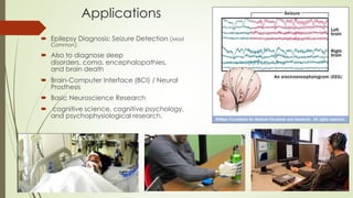 Applications
 Epilepsy Diagnosis: Seizure Detection Most
Common
 Also to diagnose sleep
disorders, coma, encephalopathies,
and brain death
 Brain-Computer Interface (BCI) / Neural
Prosthesis
 Basic Neuroscience Research
 cognitive science, cognitive psychology,
and psychophysiological research.
 