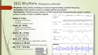  Delta: (< 4 Hz)
◦ adult slow-wave sleep
◦ in babies
◦ continuous-attention tasks
 Theta: (4 - 8 Hz)
◦ higher in young children
◦ drowsiness in adults and teens
◦ idling
 Alpha: (8 - 13 Hz)
◦ relaxed/reflecting
◦ closing the eyes
 Beta: (14 - 30 Hz)
◦ active thinking, focus, high alert, anxious
 Gamma: (> 30 Hz)
◦ Displays during cross-modal sensory processing
 Mu: (7.5 - 12.5 Hz)
◦ Shows rest-state motor neurons
Gamma
•Rhythmic: EEG activity consisting in waves of approximately constant frequency.
•Arrhythmic: EEG activity in which no stable rhythms are present.
•Dysrhythmic: Rhythms and/or patterns of EEG activity that characteristically appear in patient
groups or rarely or seen in healthy subjects.
 