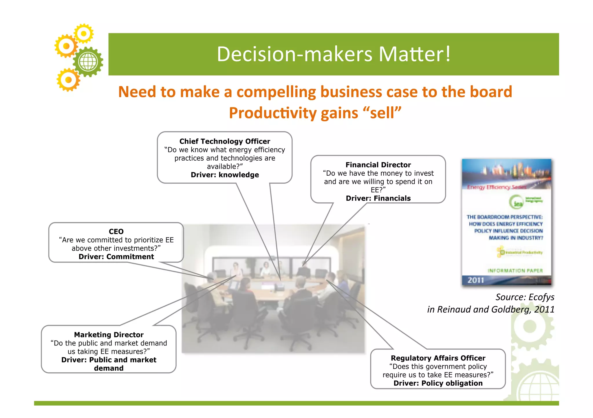 Decision-­‐makers	
  Ma]er!	
  
                  Need	
  to	
  make	
  a	
  compelling	
  business	
  case	
  to	
  the	
  board	
  
                                         Produc(vity	
  gains	
  “sell”	
  
                                    Chief Technology Officer
                                “Do we know what energy efficiency
                                  practices and technologies are
                                            available?”                    Financial Director
                                       Driver: knowledge              Do we have the money to invest
                                                                     and are we willing to spend it on
                                                                                  EE?
                                                                           Driver: Financials



                CEO
  Are we committed to prioritize EE
     above other investments?
       Driver: Commitment




                                                                                                                             Source:	
  Ecofys	
  	
  
                                                                                                    in	
  Reinaud	
  and	
  Goldberg,	
  2011	
  

      Marketing Director
Do the public and market demand
    us taking EE measures?
  Driver: Public and market                                                             Regulatory Affairs Officer
            demand                                                                       Does this government policy
                                                                                      require us to take EE measures?
                                                                                         Driver: Policy obligation
 