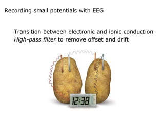 Recording small potentials with EEG
Transition between electronic and ionic conduction
High-pass filter to remove offset and drift
 