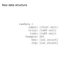 Raw data structure
rawData =
label: {151x1 cell}
trial: {1x80 cell}
time: {1x80 cell}
fsample: 300
hdr: [1x1 struct]
cfg: [1x1 struct]
 