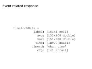 Event related response
timelockData =
label: {151x1 cell}
avg: [151x900 double]
var: [151x900 double]
time: [1x900 double]
dimord: 'chan_time’
cfg: [1x1 struct]
 