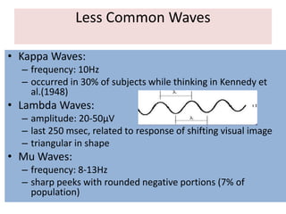 Less Common Waves
• Kappa Waves:
– frequency: 10Hz
– occurred in 30% of subjects while thinking in Kennedy et
al.(1948)
• Lambda Waves:
– amplitude: 20-50μV
– last 250 msec, related to response of shifting visual image
– triangular in shape
• Mu Waves:
– frequency: 8-13Hz
– sharp peeks with rounded negative portions (7% of
population)
 