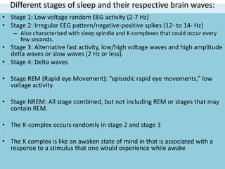 Different stages of sleep and their respective brain waves:
• Stage 1: Low voltage random EEG activity (2-7 Hz)
• Stage 2: Irregular EEG pattern/negative-positive spikes (12- to 14- Hz)
– Also characterized with sleep spindle and K-complexes that could occur every
few seconds.
• Stage 3: Alternative fast activity, low/high voltage waves and high amplitude
delta waves or slow waves (2 Hz or less).
• Stage 4: Delta waves
• Stage REM (Rapid eye Movement): “episodic rapid eye movements,” low
voltage activity.
• Stage NREM: All stage combined, but not including REM or stages that may
contain REM.
• The K-complex occurs randomly in stage 2 and stage 3
• The K complex is like an awaken state of mind in that is associated with a
response to a stimulus that one would experience while awake
 