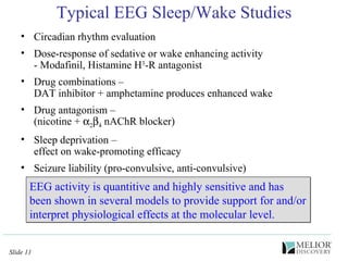 Typical EEG Sleep/Wake Studies Circadian rhythm evaluation Dose-response of sedative or wake enhancing activity - Modafinil, Histamine H 3 -R antagonist Drug combinations  –   DAT inhibitor + amphetamine produces enhanced wake Drug antagonism  –   (nicotine +   2  4  nAChR blocker) Sleep deprivation –  effect on wake-promoting efficacy Seizure liability (pro-convulsive, anti-convulsive) EEG activity is quantitive and highly sensitive and has been shown in several models to provide support for and/or interpret physiological effects at the molecular level. 