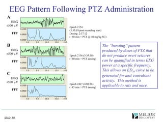 Epoch 2154  (3:35:18 post recording start) Dosing: 2:37:12 (~60 min > PTZ @ 40 mg/kg SC) Epoch 2156 (3:35:30) (~60 min > PTZ dosing) EEG Pattern Following PTZ Administration Rat RT022 (PTZ/vehicle treated) File 06291122 29 June 2010 Epoch 2427 (4:02:36) (~85 min > PTZ dosing) The “bursting” pattern produced by doses of PTZ that do not produce overt seizures can be quantified in terms EEG power at a specific frequency.  This allows an ED 50  curve to be generated for anti-convulsant activity.  This method is applicable to rats and mice. EEG ±500 µV FFT C EEG ±500 µV FFT EEG ±500 µV FFT A B 