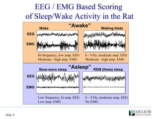 “ Awake” Waking theta Low frequency, hi amp. EEG Low amp. EMG 6 – 9 Hz, moderate amp. EEG No EMG Wake Slow-wave sleep REM (theta) sleep “ Asleep” EEG EMG EEG EMG Hi-frequency, low amp. EEG Moderate - high amp. EMG  EEG / EMG Based Scoring  of Sleep/Wake Activity in the Rat Moderate - high amp. EMG – 9 Hz, moderate amp. EEG 6  