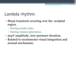 Lambda rhythm:
• Sharp transients occuring over the occipital
  region.
 ▫ During awake state.
 ▫ During visual exploration.
• 50µV amplitude, 200-300msec duration.
• Related to occulomotor visual integration and
  arousal mechanism.
 