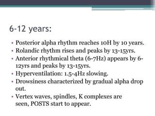 6-12 years:
• Posterior alpha rhythm reaches 10H by 10 years.
• Rolandic rhythm rises and peaks by 13-15yrs.
• Anterior rhythmical theta (6-7Hz) appears by 6-
  12yrs and peaks by 13-15yrs.
• Hyperventilation: 1.5-4Hz slowing.
• Drowsiness characterized by gradual alpha drop
  out.
• Vertex waves, spindles, K complexes are
  seen, POSTS start to appear.
 