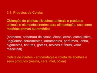 3.1. Produtos de Coleta:
Obtenção de plantas silvestres, animais e produtos
animais e elementos inertes para alimentação, uso como
matérias-primas ou remédios
(cordame, cobertura de casas, óleos, ceras, combustível,
ungüentos, ferramentas, ornamentos, perfumes, lenha,
pigmentos, tinturas, gomas, resinas e fibras, valor
medicinal)
Coleta de insetos - entomofagia e coleta de abelhas e
seus produtos (resina, cera, mel, pólen)
 