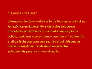 “Fazendas de Caça“
alternativa de desenvolvimento de biomassa animal na
Amazônica enriquecendo a dieta dos pequenos
produtores amazônicos ou semi-domesticação de
cotias, capivaras e aves como o mutum em capoeiras
e sítios fechados com cercas, nas proximidades de
hortas domésticas, produzindo excedentes
substanciais para a comercialização
 