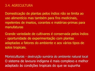 3.4. AGRICULTURA
Domesticação de plantas pelos índios não se limita ao
uso alimentício mas também para fins medicinais,
repelentes de insetos, corantes e matérias-primas para
manufaturas
Grande variedade de cultivares é conservada pelos índios
- oportunidade de experimentação com plantas
adaptadas a fatores do ambiente e aos vários tipos de
solos tropicais.
Monoculturas - destruição sumária do ambiente natural local
O sistema de lavoura indígena é mais complexo e melhor
adaptado às condições tropicais do que se supunha
 