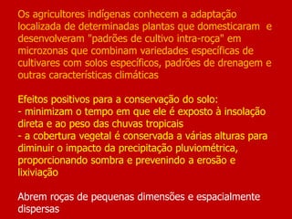 Os agricultores indígenas conhecem a adaptação
localizada de determinadas plantas que domesticaram e
desenvolveram "padrões de cultivo intra-roça" em
microzonas que combinam variedades específicas de
cultivares com solos específicos, padrões de drenagem e
outras características climáticas
Efeitos positivos para a conservação do solo:
- minimizam o tempo em que ele é exposto à insolação
direta e ao peso das chuvas tropicais
- a cobertura vegetal é conservada a várias alturas para
diminuir o impacto da precipitação pluviométrica,
proporcionando sombra e prevenindo a erosão e
lixiviação
Abrem roças de pequenas dimensões e espacialmente
dispersas
 