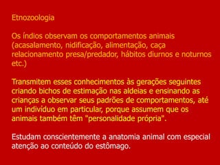 Etnozoologia
Os índios observam os comportamentos animais
(acasalamento, nidificação, alimentação, caça
relacionamento presa/predador, hábitos diurnos e noturnos
etc.)
Transmitem esses conhecimentos às gerações seguintes
criando bichos de estimação nas aldeias e ensinando as
crianças a observar seus padrões de comportamentos, até
um indivíduo em particular, porque assumem que os
animais também têm "personalidade própria".
Estudam conscientemente a anatomia animal com especial
atenção ao conteúdo do estômago.
 