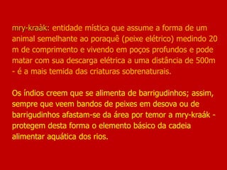 mry-kraàk: entidade mística que assume a forma de um
animal semelhante ao poraquê (peixe elétrico) medindo 20
m de comprimento e vivendo em poços profundos e pode
matar com sua descarga elétrica a uma distância de 500m
- é a mais temida das criaturas sobrenaturais.
Os índios creem que se alimenta de barrigudinhos; assim,
sempre que veem bandos de peixes em desova ou de
barrigudinhos afastam-se da área por temor a mry-kraák -
protegem desta forma o elemento básico da cadeia
alimentar aquática dos rios.
 