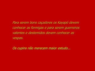 Para serem bons caçadores os Kayapó devem
conhecer as formigas e para serem guerreiros
valentes e destemidos devem conhecer as
vespas.
Os cupins não merecem maior estudo...
 