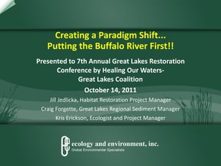 Creating a Paradigm Shift... Putting the Buffalo River First!! Presented to 7th Annual Great Lakes Restoration Conference by Healing Our Waters- Great Lakes Coalition October 14, 2011 Jill Jedlicka, Habitat Restoration Project Manager Craig Forgette, Great Lakes Regional Sediment Manager Kris Erickson, Ecologist and Project Manager 
