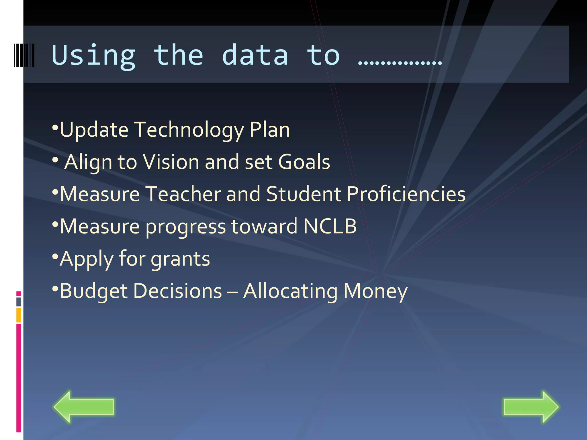 Using the data to ……………  Update Technology Plan Align to Vision and set Goals Measure Teacher and Student Proficiencies Measure progress toward NCLB Apply for grants Budget Decisions – Allocating Money 