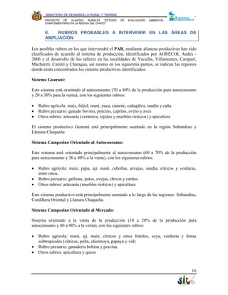 MINISTERIO DE DESARROLLO RURAL Y TIERRAS
       PROYECTO  DE   ALIANZAS   RURALES    “ESTUDIO   DE   EVALUACIÓN   AMBIENTAL
       COMPLEMENTARIO EN LA REGION DEL CHACO”


       E.  RUBROS PROBABLES A INTERVENIR EN LAS ÁREAS DE
       AMPLIACIÓN

Los posibles rubros en los que intervendrá el PAR, mediante alianzas productivas han sido
clasificados de acuerdo al sistema de producción, identificados por AGRECOL Andes -
2006 y el desarrollo de los talleres en las localidades de Yacuiba, Villamontes, Caraparí,
Machareti, Camiri y Charagua, así mismo en los siguientes puntos, se indican las regiones
donde están concentrados los sistema productivos identificados:

Sistema Guaraní:

Este sistema está orientado al autoconsumo (70 a 80% de la producción para autoconsumo
y 20 a 30% para la venta), con los siguientes rubros:

•   Rubro agrícola: maíz, fréjol, maní, yuca, camote, cañagüiru, sandía y caña.
•   Rubro pecuario: ganado bovino, porcino, caprino, ovino y aves
•   Otros rubros: artesanía (cerámica, tejidos y muebles rústicos) y apicultura

El sistema productivo Guaraní está principalmente asentado en la región Subandino y
Llanura Chaqueña

Sistema Campesino Orientado al Autoconsumo:

Este sistema está orientado principalmente al autoconsumo (60 a 70% de la producción
para autoconsumo y 30 a 40% a la venta), con los siguientes rubros:

•   Rubro agrícola: maíz, papa, ají, maní, cebollas, arvejas, sandía, cítricos y verduras,
    entre otros.
•   Rubro pecuario: gallinas, patos, ovejas, chivos y cerdos.
•   Otros rubros: artesanía (muebles rústicos) y apicultura

Este sistema productivo está principalmente asentado a lo largo de las regiones: Subandina,
Cordillera Oriental y Llanura Chaqueña.

Sistema Campesino Orientado al Mercado:

Sistema orientado a la venta de la producción (10 a 20% de la producción para
autoconsumo y 80 a 90% a la venta), con los siguientes rubros:

•   Rubro agrícola: maní, ají, maíz, cítricos y otros frutales, soya, verduras y frutas
    subtropicales (cítricos, palta, chirimoya, papaya y vid)
•   Rubro pecuario: ganadería bobina y porcina.
•   Otros rubros: apicultura y queso



                                                                                        16
 