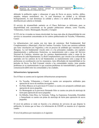 MINISTERIO DE DESARROLLO RURAL Y TIERRAS
       PROYECTO  DE   ALIANZAS   RURALES    “ESTUDIO   DE   EVALUACIÓN   AMBIENTAL
       COMPLEMENTARIO EN LA REGION DEL CHACO”


debiendo la población captar y almacenar el agua de lluvia en pozos, turriles, aljibes,
atajados, tanques australianos, etc., lo cual disminuye su calidad y es afectada
biológicamente, lo cual disminuye su calidad y afecta a la salud de la población. La
distribución por cañería es limitada.

El servicio de alcantarillado sanitario en el Chaco Boliviano es deficiente, pues su
disponibilidad está concentrada en las grandes poblaciones urbanas, como Yacuiba,
Villamontes, Camiri, Monteagudo, Boyuibe y Caraparí.

El 52% de las viviendas no tienen electricidad, las tasas más altas de disponibilidad de este
servicio se encuentran concentradas en los centros poblacionales de Yacuiba, Villamontes,
Camiri

La infraestructura vial cuenta con tres tipos de carreteras: Red Fundamental; Red
Complementaria o Municipal y Red de Caminos Vecinales. Existe una carretera asfaltada
que tiene vinculación con Argentina y otra en proceso de asfaltado que vinculará con el
Paraguay. La red fundamental vincula entre sí a las principales ciudades, con capitales
departamentales y poblaciones fronterizas, su mantenimiento está a cargo del Servicio
Nacional de Caminos, mientras que los caminos departamentales están a cargo de las
Prefecturas de cada Departamento. La Red Complementaria, que vincula a las comunidades
apartadas con los caminos de la red fundamental, su mantenimiento está a cargo de las
prefecturas en coordinación con los municipios, tiene dificultades de transitabilidad en los
períodos de lluvia. La Red Comunal vincula a las comunidades rurales, tiene grandes
problemas en su mantenimiento lo que ocasiona problemas de transitabilidad y genera una
comunicación débil entre las comunidades y las ciudades.

Infraestructura Agropecuaria

En el Chaco se cuenta con la siguiente infraestructura aeroportuaria:

  •    En Yacuiba, Villamontes y Camiri se cuenta con aeropuertos asfaltados para
       operación de naves de mediana envergadura.
  •    En Palos Blancos en la provincia O`Connor se cuenta con aeropuerto asfaltado para
       operación de naves pequeñas.
  •    En Monteagudo en la provincia Hernando Siles se cuenta con pista de aterrizaje de
       tierra para operación de naves pequeñas.
  •    En Ibibobo, Entre Ríos, La Vertiente, Yabog, La Esperanza, Esmeralda, Elcondido
       y Samayhuate se cuenta con pistas de aterrizaje de tierra para operación de naves
       pequeñas.

El nivel de pobreza se mide en función a la cobertura de servicios de que dispone la
población, la misma que en base a la información de UDAPE se muestra en el siguiente
cuadro:

El nivel de pobreza por municipios es el siguiente:

                                                                                          24
 