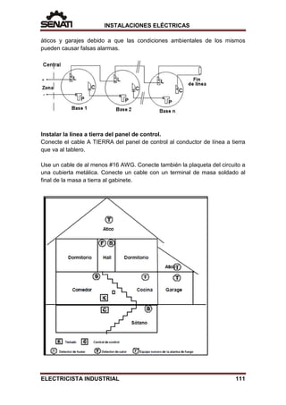 INSTALACIONES ELÉCTRICAS
áticos y garajes debido a que las condiciones ambientales de los mismos
pueden causar falsas alarmas.
Instalar la línea a tierra del panel de control.
Conecte el cable A TIERRA del panel de control al conductor de línea a tierra
que va al tablero.
Use un cable de al menos #16 AWG. Conecte también la plaqueta del circuito a
una cubierta metálica. Conecte un cable con un terminal de masa soldado al
final de la masa a tierra al gabinete.
ELECTRICISTA INDUSTRIAL 111
 