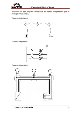 INSTALACIONES ELÉCTRICAS
Instalación de tres lámparas controladas de manera independiente por un
interruptor triple simple.
Esquema de instalación:
Esquema simplificado
Esquema desarrollado:
ELECTRICISTA INDUSTRIAL 13
 