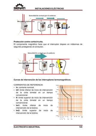 INSTALACIONES ELÉCTRICAS
Protección contra cortocircuito.
El componente magnético hace que el interruptor dispare en milésimas de
segundo protegiendo al conductor.
Curvas de intervención de los interruptores termomagnéticos.
CORRIENTES DE REFERENCIA:
• In: corriente nominal.
• Inf: límite inferior de inicio de intervención
de la cinta bimetal en un tiempo
convencional.
• If: límite superior de inicio de intervención
de la cinta bimetal en un tiempo
convencional.
• Im1: límite inferior de inicio de
intervención de la bobina.
• Im2: límite superior de inicio de
intervención de la bobina.
ELECTRICISTA INDUSTRIAL 145
 