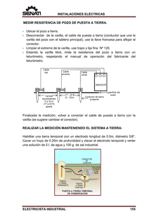INSTALACIONES ELÉCTRICAS
MEDIR RESISTENCIA DE POZO DE PUESTA A TIERRA.
- Ubicar el pozo a tierra.
- Desconectar de la varilla, el cable de puesta a tierra (conductor que une la
varilla del pozo con el tablero principal), use la llave francesa para aflojar el
conector.
- Limpiar el extremo de la varilla, use trapo y lija fina Nº 120.
- Estando la varilla libre, mida la resistencia del pozo a tierra con un
telurómetro, respetando el manual de operación del fabricante del
telurómetro.
Finalizada la medición, volver a conectar el cable de puesta a tierra con la
varilla (se sugiere cambiar el conector).
REALIZAR LA MEDICIÓN MANTENIENDO EL SISTEMA A TIERRA:
Habilitar una tierra temporal con un electrodo longitud de 0.5m, diámetro 5/8”.
Cavar un hoyo de 0.20m de profundidad y clavar el electrodo temporal y verter
una solución de 5 l. de agua y 100 g. de sal industrial.
ELECTRICISTA INDUSTRIAL 155
 