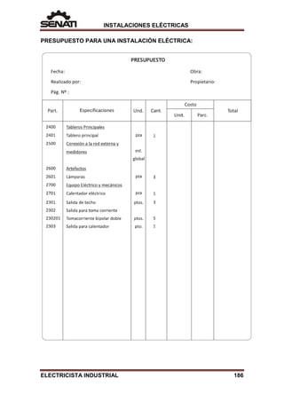 INSTALACIONES ELÉCTRICAS
PRESUPUESTO PARA UNA INSTALACIÓN ELÉCTRICA:
ELECTRICISTA INDUSTRIAL 186
 