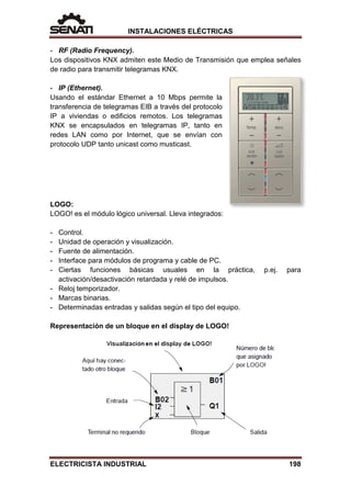 INSTALACIONES ELÉCTRICAS
- RF (Radio Frequency).
Los dispositivos KNX admiten este Medio de Transmisión que emplea señales
de radio para transmitir telegramas KNX.
- IP (Ethernet).
Usando el estándar Ethernet a 10 Mbps permite la
transferencia de telegramas EIB a través del protocolo
IP a viviendas o edificios remotos. Los telegramas
KNX se encapsulados en telegramas IP, tanto en
redes LAN como por Internet, que se envían con
protocolo UDP tanto unicast como musticast.
LOGO:
LOGO! es el módulo lógico universal. Lleva integrados:
- Control.
- Unidad de operación y visualización.
- Fuente de alimentación.
- Interface para módulos de programa y cable de PC.
- Ciertas funciones básicas usuales en la práctica, p.ej. para
activación/desactivación retardada y relé de impulsos.
- Reloj temporizador.
- Marcas binarias.
- Determinadas entradas y salidas según el tipo del equipo.
Representación de un bloque en el display de LOGO!
ELECTRICISTA INDUSTRIAL 198
 