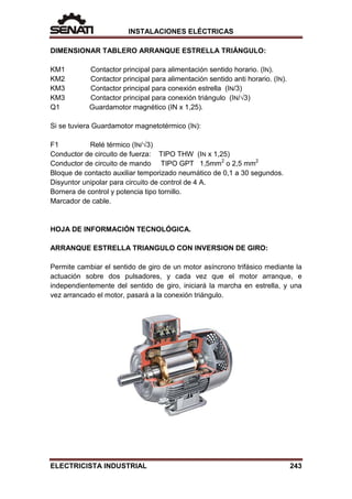INSTALACIONES ELÉCTRICAS
DIMENSIONAR TABLERO ARRANQUE ESTRELLA TRIÁNGULO:
KM1 Contactor principal para alimentación sentido horario. (IN).
KM2 Contactor principal para alimentación sentido anti horario. (IN).
KM3 Contactor principal para conexión estrella (IN/3)
KM3 Contactor principal para conexión triángulo (IN/√3)
Q1 Guardamotor magnético (IN x 1,25).
Si se tuviera Guardamotor magnetotérmico (IN):
F1 Relé térmico (IN/√3)
Conductor de circuito de fuerza: TIPO THW (IN x 1,25)
Conductor de circuito de mando TIPO GPT 1,5mm2
o 2,5 mm2
Bloque de contacto auxiliar temporizado neumático de 0,1 a 30 segundos.
Disyuntor unipolar para circuito de control de 4 A.
Bornera de control y potencia tipo tornillo.
Marcador de cable.
HOJA DE INFORMACIÓN TECNOLÓGICA.
ARRANQUE ESTRELLA TRIANGULO CON INVERSION DE GIRO:
Permite cambiar el sentido de giro de un motor asíncrono trifásico mediante la
actuación sobre dos pulsadores, y cada vez que el motor arranque, e
independientemente del sentido de giro, iniciará la marcha en estrella, y una
vez arrancado el motor, pasará a la conexión triángulo.
ELECTRICISTA INDUSTRIAL 243
 