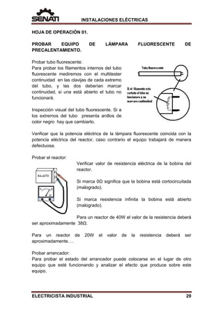 INSTALACIONES ELÉCTRICAS
HOJA DE OPERACIÓN 01.
PROBAR EQUIPO DE LÁMPARA FLUORESCENTE DE
PRECALENTAMIENTO.
Probar tubo fluorescente:
Para probar los filamentos internos del tubo
fluorescente mediremos con el multitester
continuidad en las clavijas de cada extremo
del tubo, y las dos deberían marcar
continuidad, si una está abierto el tubo no
funcionará.
Inspección visual del tubo fluorescente. Si a
los extremos del tubo presenta anillos de
color negro hay que cambiarlo.
Verificar que la potencia eléctrica de la lámpara fluorescente coincida con la
potencia eléctrica del reactor, caso contrario el equipo trabajará de manera
defectuosa.
Probar el reactor:
Verificar valor de resistencia eléctrica de la bobina del
reactor.
Si marca 0Ω significa que la bobina está cortocircuitada
(malogrado).
Si marca resistencia infinita la bobina está abierto
(malogrado).
Para un reactor de 40W el valor de la resistencia deberá
ser aproximadamente 38Ω.
Para un reactor de 20W el valor de la resistencia deberá ser
aproximadamente….
Probar arrancador:
Para probar el estado del arrancador puede colocarse en el lugar de otro
equipo que esté funcionando y analizar el efecto que produce sobre este
equipo.
ELECTRICISTA INDUSTRIAL 29
 