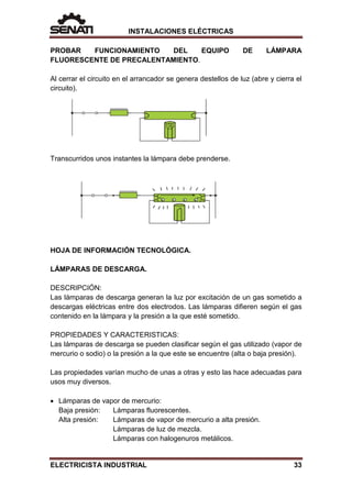 INSTALACIONES ELÉCTRICAS
PROBAR FUNCIONAMIENTO DEL EQUIPO DE LÁMPARA
FLUORESCENTE DE PRECALENTAMIENTO.
Al cerrar el circuito en el arrancador se genera destellos de luz (abre y cierra el
circuito).
Transcurridos unos instantes la lámpara debe prenderse.
HOJA DE INFORMACIÓN TECNOLÓGICA.
LÁMPARAS DE DESCARGA.
DESCRIPCIÓN:
Las lámparas de descarga generan la luz por excitación de un gas sometido a
descargas eléctricas entre dos electrodos. Las lámparas difieren según el gas
contenido en la lámpara y la presión a la que esté sometido.
PROPIEDADES Y CARACTERISTICAS:
Las lámparas de descarga se pueden clasificar según el gas utilizado (vapor de
mercurio o sodio) o la presión a la que este se encuentre (alta o baja presión).
Las propiedades varían mucho de unas a otras y esto las hace adecuadas para
usos muy diversos.
• Lámparas de vapor de mercurio:
Baja presión: Lámparas fluorescentes.
Alta presión: Lámparas de vapor de mercurio a alta presión.
Lámparas de luz de mezcla.
Lámparas con halogenuros metálicos.
ELECTRICISTA INDUSTRIAL 33
 