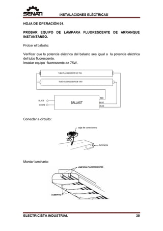 INSTALACIONES ELÉCTRICAS
HOJA DE OPERACIÓN 01.
PROBAR EQUIPO DE LÁMPARA FLUORESCENTE DE ARRANQUE
INSTANTÁNEO.
Probar el balasto:
Verificar que la potencia eléctrica del balasto sea igual a la potencia eléctrica
del tubo fluorescente.
Instalar equipo fluorescente de 75W.
Conectar a circuito:
Montar luminaria:
ELECTRICISTA INDUSTRIAL 38
 
