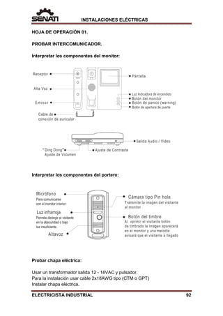 INSTALACIONES ELÉCTRICAS
HOJA DE OPERACIÓN 01.
PROBAR INTERCOMUNICADOR.
Interpretar los componentes del monitor:
Interpretar los componentes del portero:
Probar chapa eléctrica:
Usar un transformador salida 12 - 18VAC y pulsador.
Para la instalación usar cable 2x18AWG tipo (CTM o GPT)
Instalar chapa eléctrica.
ELECTRICISTA INDUSTRIAL 92
 