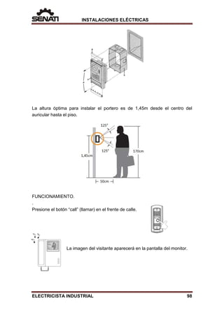 INSTALACIONES ELÉCTRICAS
La altura óptima para instalar el portero es de 1,45m desde el centro del
auricular hasta el piso.
FUNCIONAMIENTO.
.
Presione el botón “call” (llamar) en el frente de calle.
La imagen del visitante aparecerá en la pantalla del monitor.
ELECTRICISTA INDUSTRIAL 98
 
