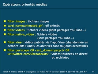 Opérateurs orientés médias
14
◼ filter:images : fichiers images
◼ card_name:animated_gif : gif animés
◼ filter:videos : fi...